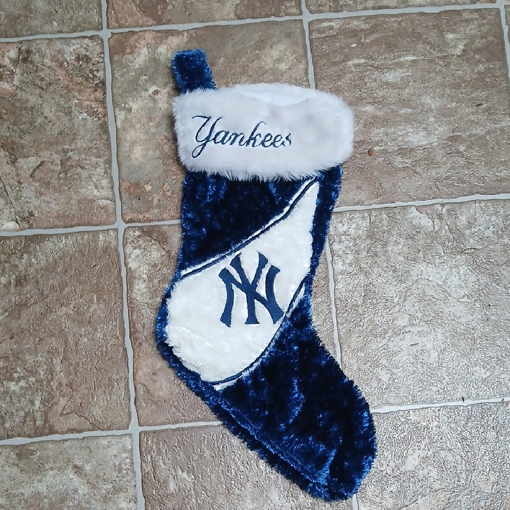 Yankees Blue Graphic Christmas Stocking Faux Velvet White And Blue